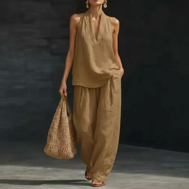 AINHOA - Elegante conjunto de dos piezas con textura de lino