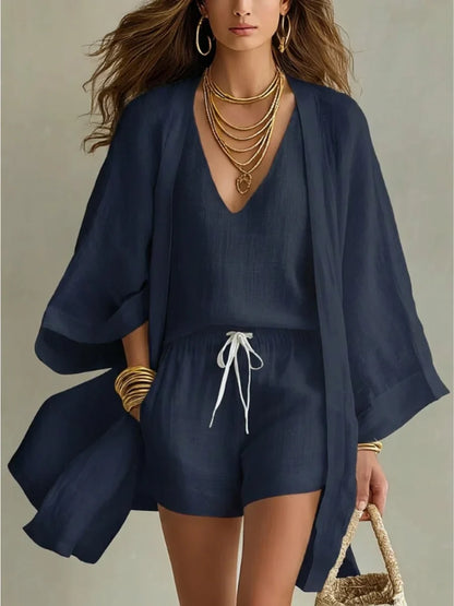 Carla | Elegante conjunto de 3 piezas con cárdigan holgado y shorts ajustables con cordón