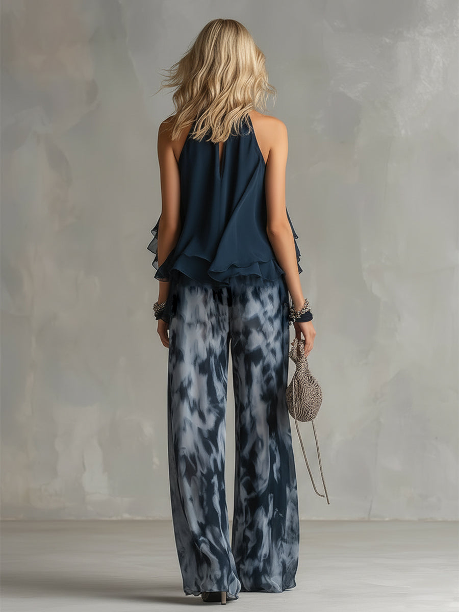 Luna | Sofisticado conjunto de gasa con top de cuello alto y pantalón palazzo estampado