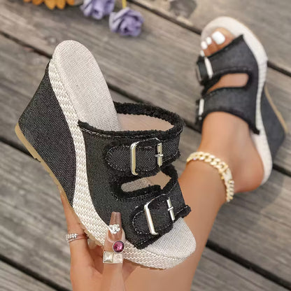 Elara Sandalias de Cuña Denim con Estilo Elegante