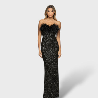 ISADORA - Vestido Maxi Glamuroso de Lentejuelas y Plumas