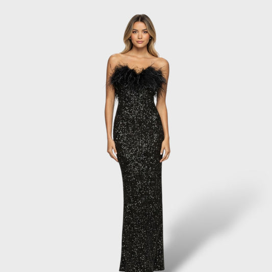 ISADORA - Vestido Maxi Glamuroso de Lentejuelas y Plumas