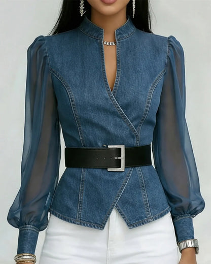 Alexia | Elegante top vaquero con mangas de gasa ligera