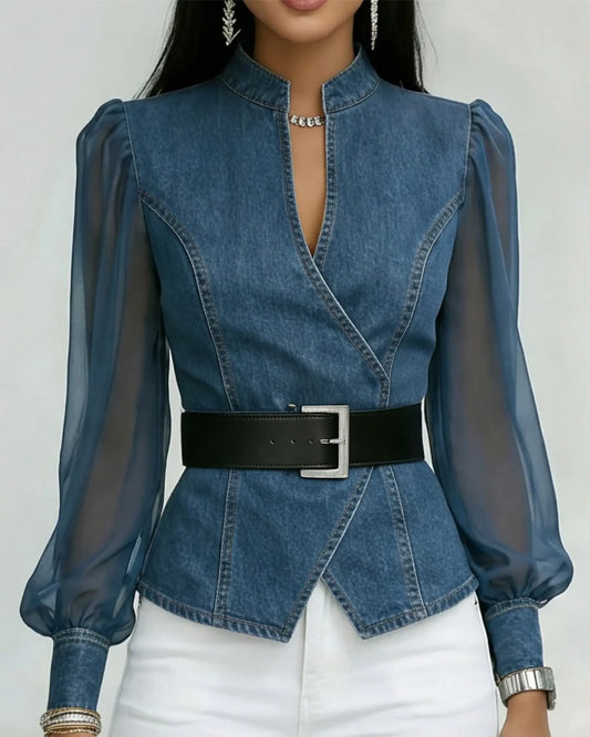 Alexia | Elegante top vaquero con mangas de gasa ligera