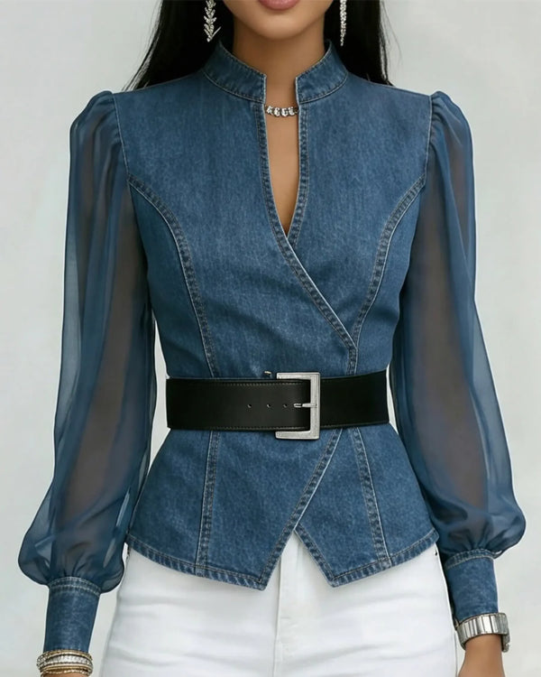 Alexia | Elegante top vaquero con mangas de gasa ligera