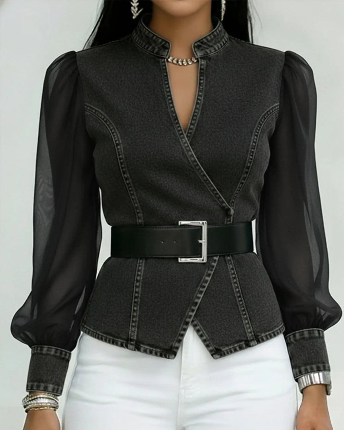 Alexia | Elegante top vaquero con mangas de gasa ligera