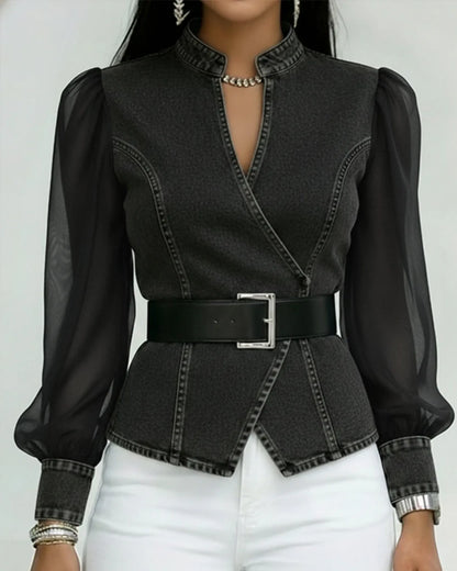 Alexia | Elegante top vaquero con mangas de gasa ligera