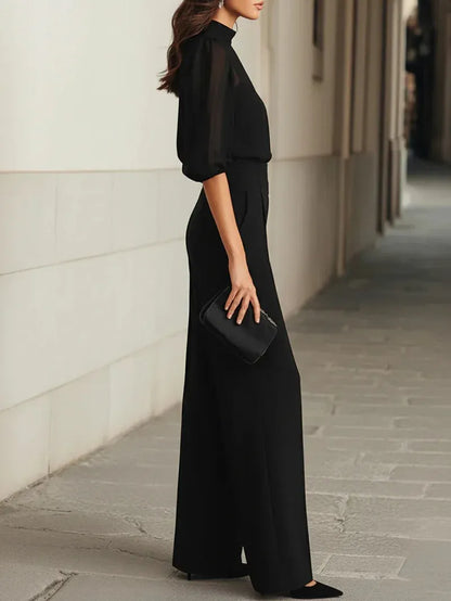 VALENTINA | Elegante conjunto negro de tres piezas con top lencero transparente y pantalones de pierna ancha