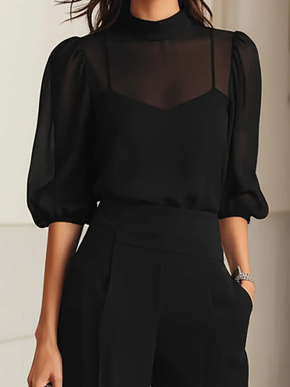 VALENTINA | Elegante conjunto negro de tres piezas con top lencero transparente y pantalones de pierna ancha