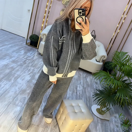 Conjunto de Punto Gris de Lujo con Patrón en Zigzag