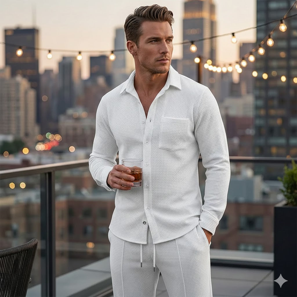 Conjunto de 2 piezas para hombre con tejido tipo gofre: cómodo, transpirable y con un estilo versátil