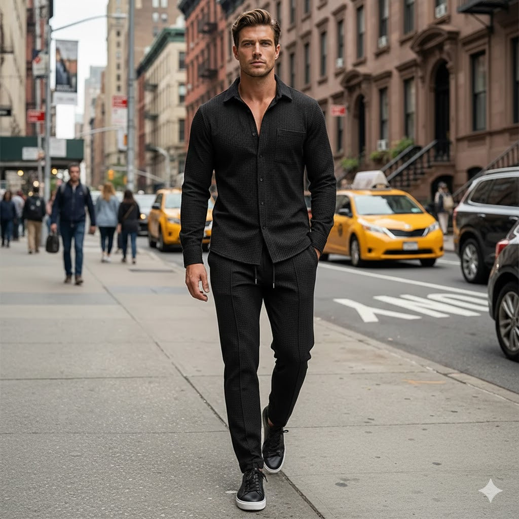 Conjunto de 2 piezas para hombre con tejido tipo gofre: cómodo, transpirable y con un estilo versátil