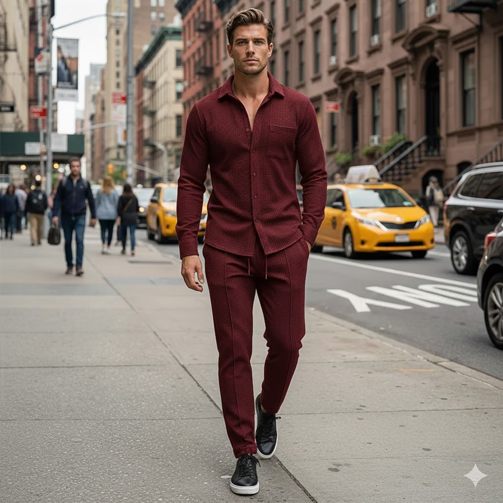 Conjunto de 2 piezas para hombre con tejido tipo gofre: cómodo, transpirable y con un estilo versátil