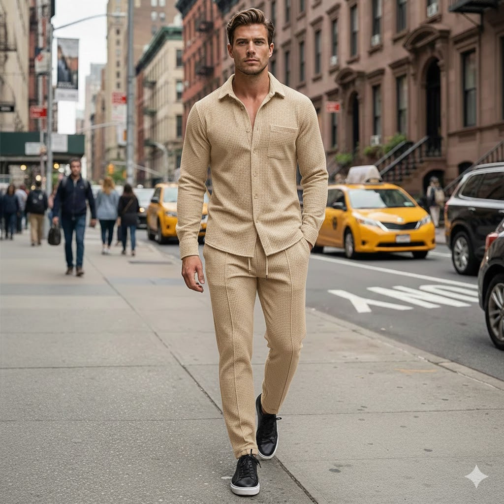 Conjunto de 2 piezas para hombre con tejido tipo gofre: cómodo, transpirable y con un estilo versátil