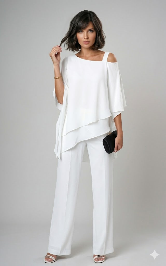Conjunto de dos piezas con blusa asimétrica y pantalón recto