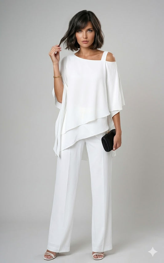 Conjunto de dos piezas con blusa asimétrica y pantalón recto