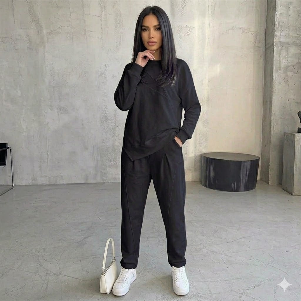 Conjunto de sudadera de manga larga con bajo irregular y pantalones para mujer