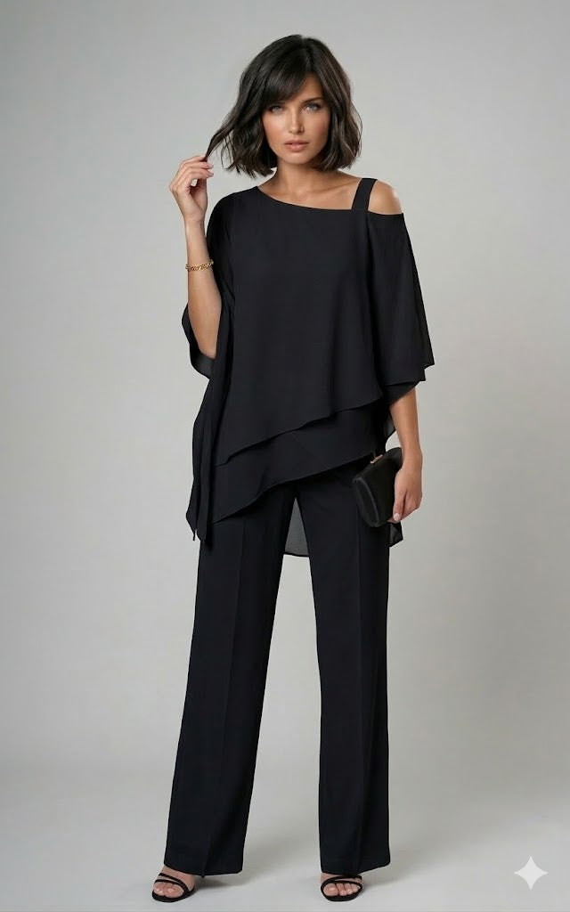 Conjunto de dos piezas con blusa asimétrica y pantalón recto