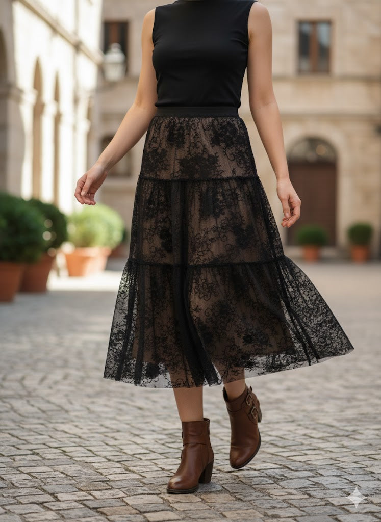 Falda Maxi A-Line Casual de Encaje Transparente , Cintura Alta y Holgado