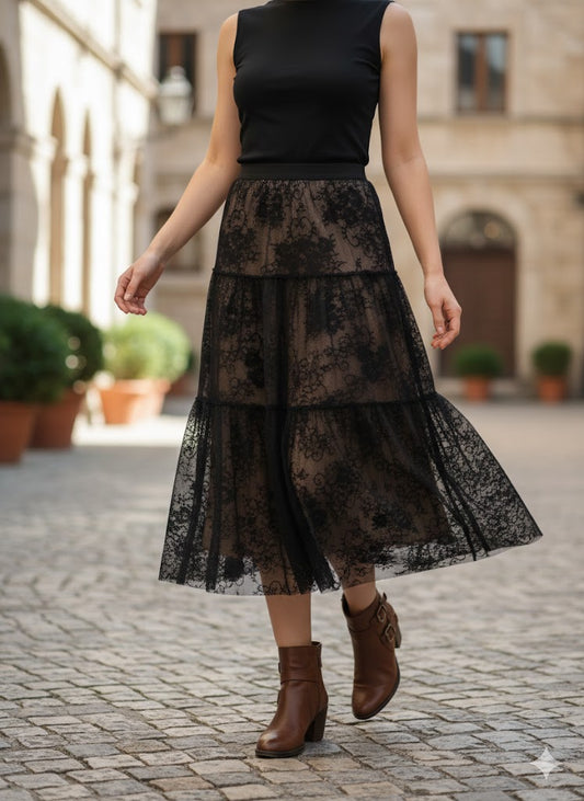 Falda Maxi A-Line Casual de Encaje Transparente , Cintura Alta y Holgado