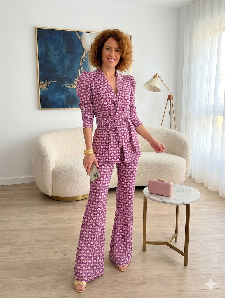 Conjunto Sastrero de Jacquard Geométrico en Malva y Rosa