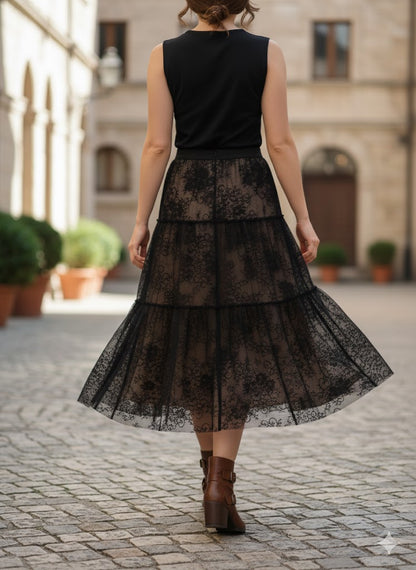 Falda Maxi A-Line Casual de Encaje Transparente , Cintura Alta y Holgado