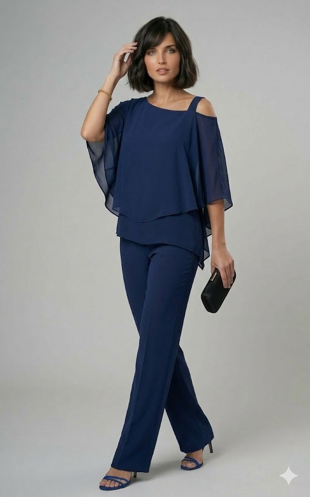 Conjunto de dos piezas con blusa asimétrica y pantalón recto