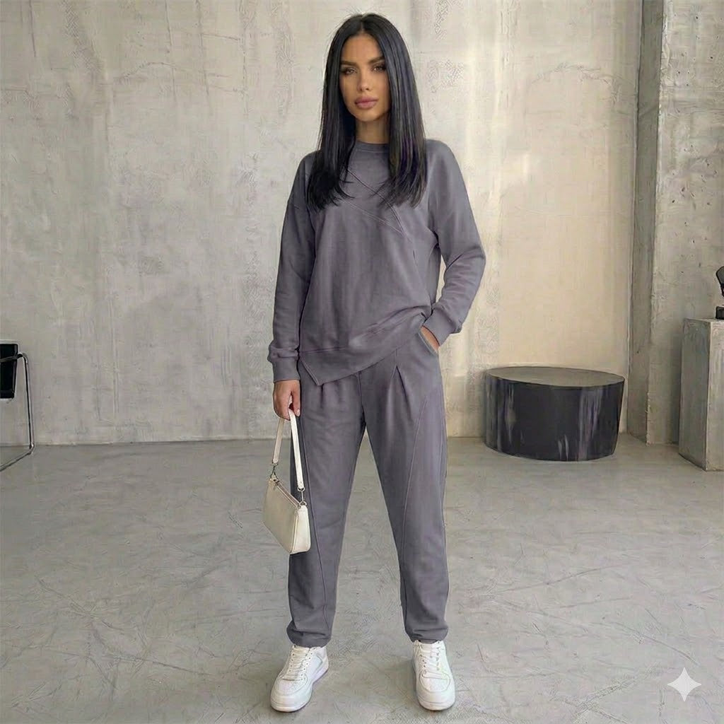 Conjunto de sudadera de manga larga con bajo irregular y pantalones para mujer