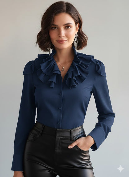 Elegante Camisa de Mezclilla Especial + Cuello con Volantes