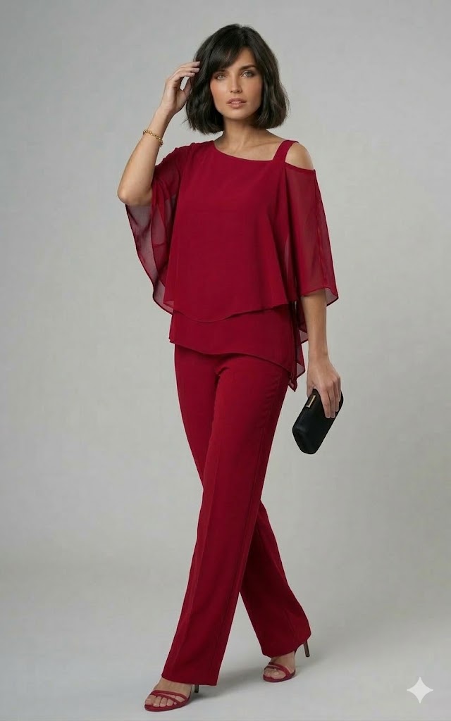 Conjunto de dos piezas con blusa asimétrica y pantalón recto