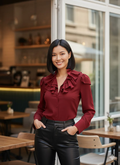 Elegante Camisa de Mezclilla Especial + Cuello con Volantes